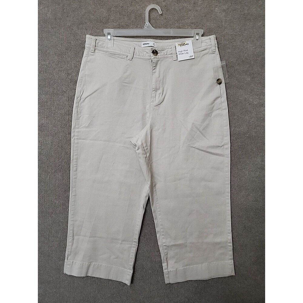 Sonoma High Rise Wide Leg Crop Pants Womens 18 Petite Beige Cotton Stretch NEW
